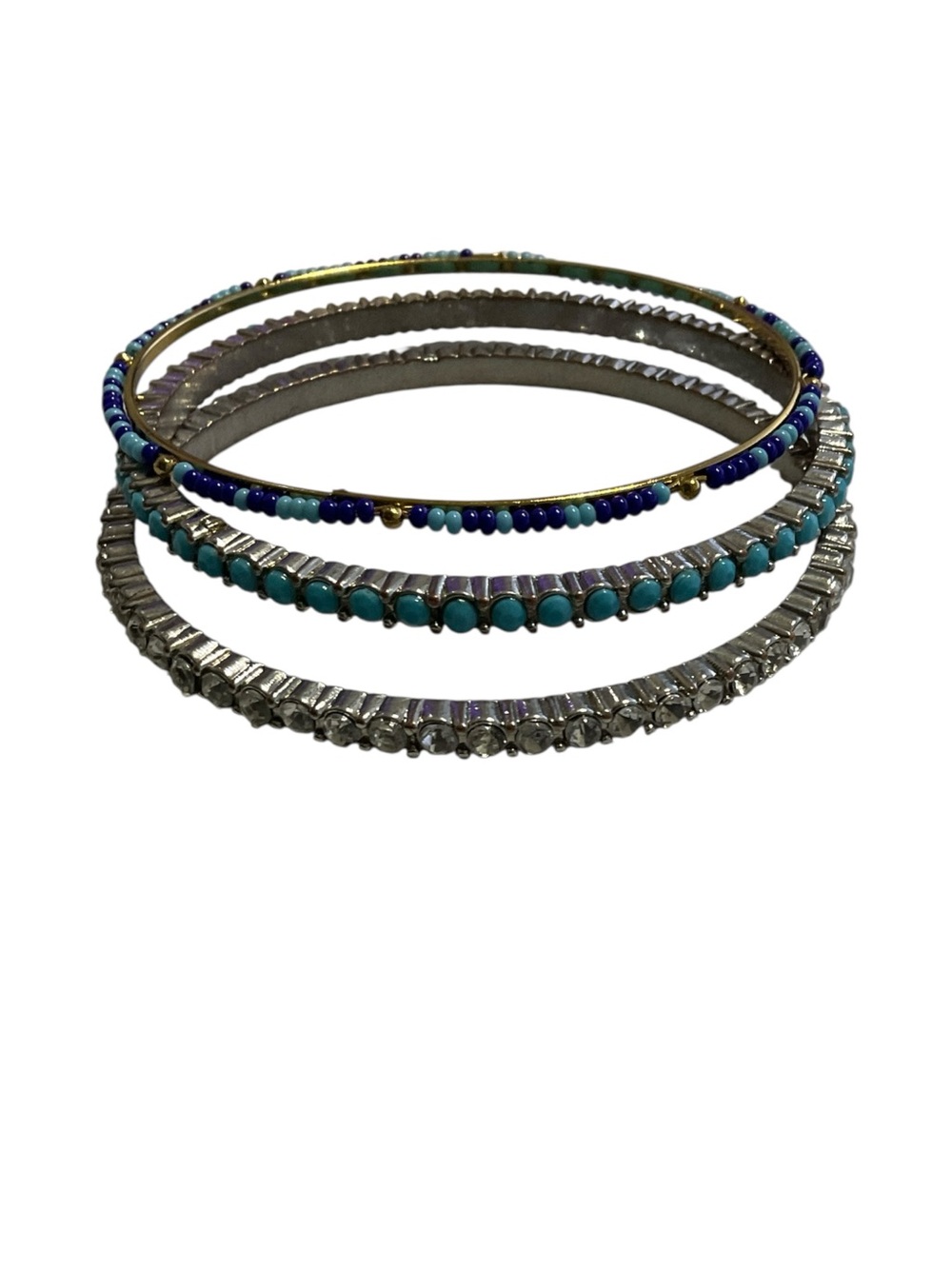 Boho Stackable Bracelet Set Turquoise Beaded Rhinestone Bangles Preloved - Picture 2 of 4